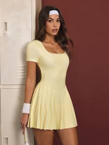 CourtClass Women's Pleated Short Sleeve Sports Tennis Dress Skort - Yellow - View 4