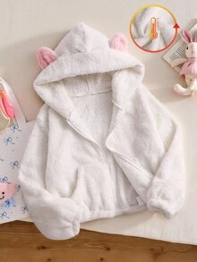 SHEIN 女童可愛兔耳連帽毛絨外套，甜美加厚抓絨外套，帽緣與袖口蓬鬆長毛設計，前開襟拉鍊寬鬆版型，秋冬上衣，適合搭配百褶裙，甜美動漫風，日常穿著與拍照造型外套 - 白色 - 查看 3