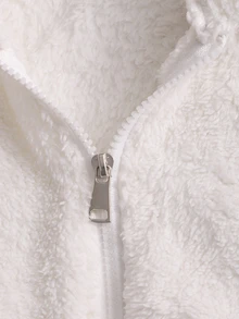 SHEIN 女童可愛兔耳連帽毛絨外套，甜美加厚抓絨外套，帽緣與袖口蓬鬆長毛設計，前開襟拉鍊寬鬆版型，秋冬上衣，適合搭配百褶裙，甜美動漫風，日常穿著與拍照造型外套 - 白色 - 查看 6