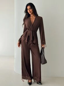 Aloruh Women's Autumn/Winter Party Lace Patchwork Button-Down Shirt And Lace Wide-Leg Pants 2 Pieces Set - Brown - View 8