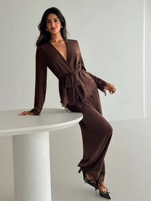 Aloruh Women's Autumn/Winter Party Lace Patchwork Button-Down Shirt And Lace Wide-Leg Pants 2 Pieces Set - Brown - View 7