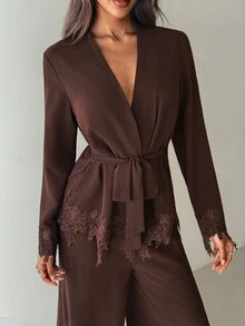 Aloruh Women's Autumn/Winter Party Lace Patchwork Button-Down Shirt And Lace Wide-Leg Pants 2 Pieces Set - Brown - View 6