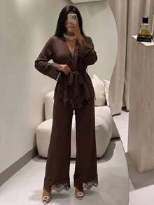 Aloruh Women's Autumn/Winter Party Lace Patchwork Button-Down Shirt And Lace Wide-Leg Pants 2 Pieces Set - Brown - View 10