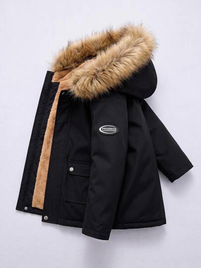 SHEIN Young Boys Casual Composite Fluffy Lined Hooded Mid-Length Medium-Weight Woven Autumn Winter Jacket