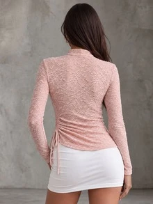 CHARMVALE Women's Cheongsam Collar Long Sleeve Side Waist Drawstring Design Elegant Top - Pink - View 2