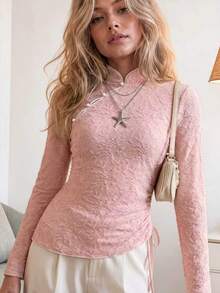 CHARMVALE Women's Cheongsam Collar Long Sleeve Side Waist Drawstring Design Elegant Top - Pink - View 3