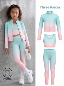 SHEIN Young Girls Fashion Casual Athletic Gradient Color 3 Pieces Set, High Elasticity, Suitable For Sports Nursing Gymnastics, Baby Pink Fall 7th Birthday - Multicolor - View 1