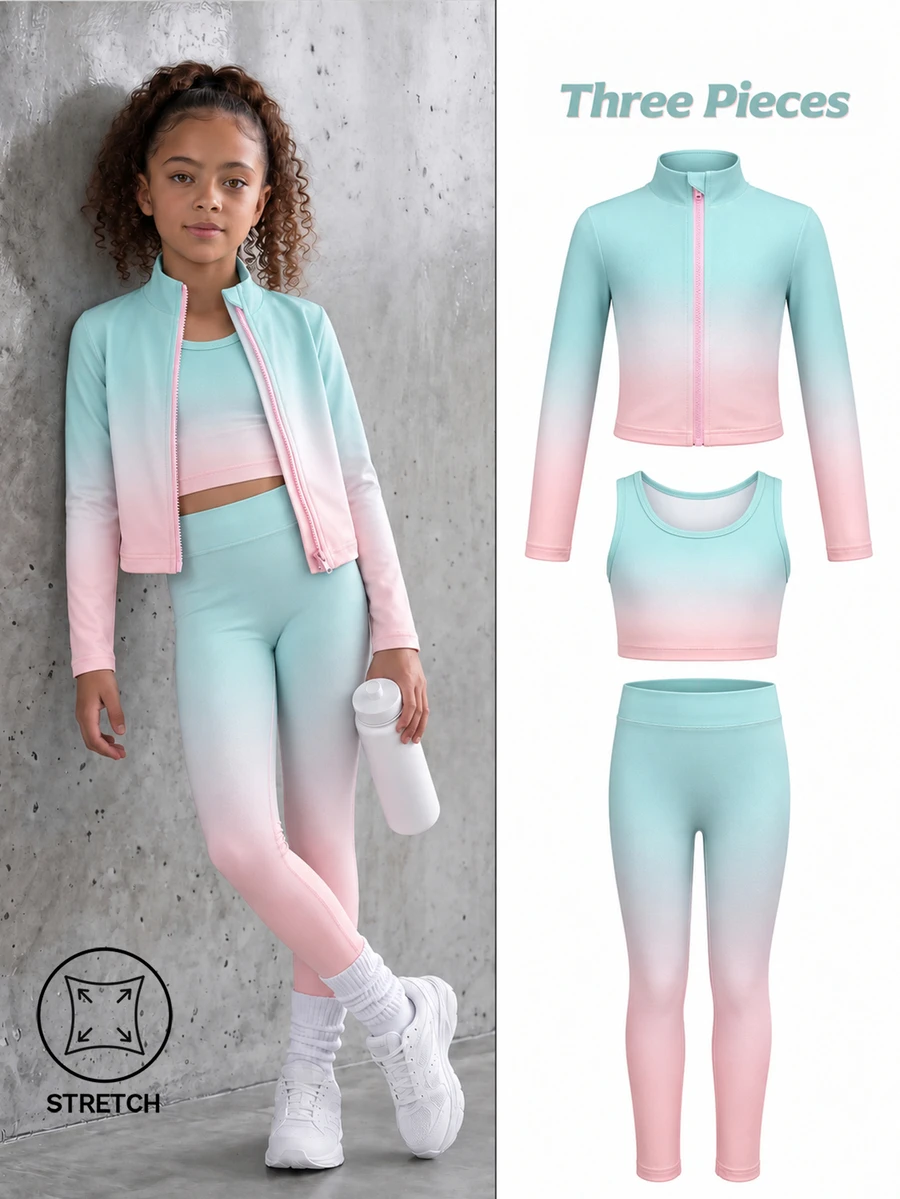 SHEIN Young Girls Fashion Casual Athletic Gradient Color 3 Pieces Set, High Elasticity, Suitable For Sports Nursing Gymnastics, Baby Pink Fall 7th Birthday - Multicolor - View 1