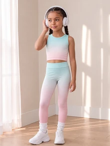 SHEIN Young Girls Fashion Casual Athletic Gradient Color 3 Pieces Set, High Elasticity, Suitable For Sports Nursing Gymnastics, Baby Pink Fall 7th Birthday - Multicolor - View 3