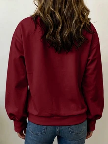 SHEIN 女款秋冬新款極簡純色小V領長袖衛衣，寬鬆顯瘦修身百搭通勤休閒極簡風，適合日常通勤與休閒穿著 - 酒紅色 - 查看 2
