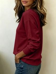 SHEIN 女款秋冬新款極簡純色小V領長袖衛衣，寬鬆顯瘦修身百搭通勤休閒極簡風，適合日常通勤與休閒穿著 - 酒紅色 - 查看 5