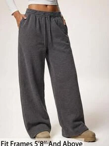 SHEIN Tall CURVE Plus Size Women's Solid Color Drawstring Waist Wide Leg Loose Casual Baggy Sweatpants Lounge Home Grey - Dark Grey - View 11