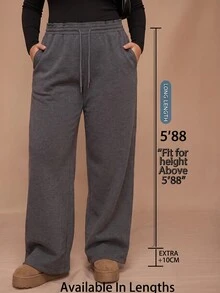 SHEIN Tall CURVE Plus Size Women's Solid Color Drawstring Waist Wide Leg Loose Casual Baggy Sweatpants Lounge Home Grey - Dark Grey - View 2