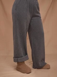 SHEIN Tall CURVE Plus Size Women's Solid Color Drawstring Waist Wide Leg Loose Casual Baggy Sweatpants Lounge Home Grey - Dark Grey - View 4