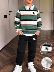 青少年男孩休閒運動服 簡約綠色白色黑色條紋印花圓領衛衣與運動長褲 2件套 適合秋季校園 - 彩色 - 查看 3