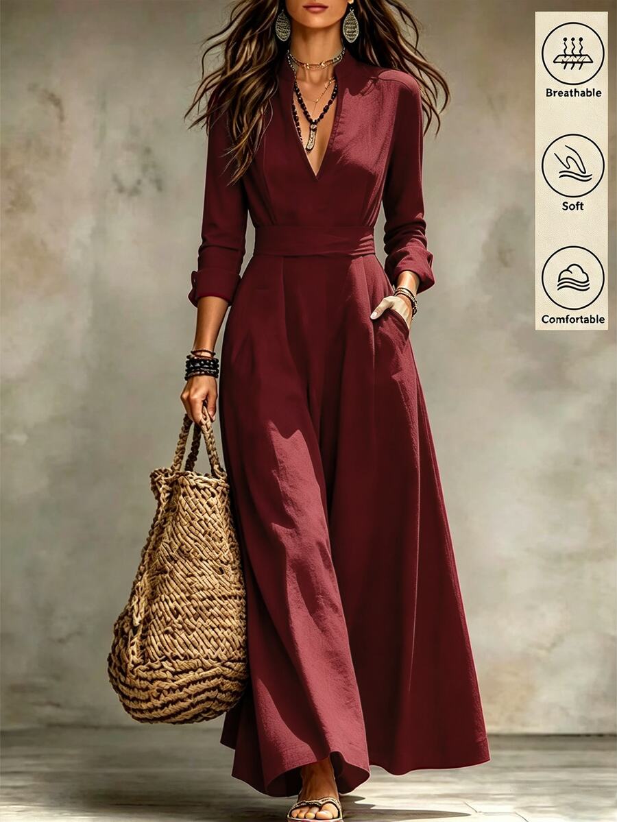 SHEIN 女款純色缺口V領休閒派對洋裝