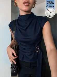 Aloruh 深色短袖襯衫 優雅休閒商務通勤 極簡老錢風 幹練辦公早午餐上衣 夏季海軍藍 - 藏蓝色 - 查看 7