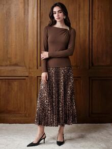 Lost Ink Coffee Brown Asymmetric Neck Gathered Long Sleeve Fitted Top With Gold Tone Ring Detail - Coffee Brown - View 1