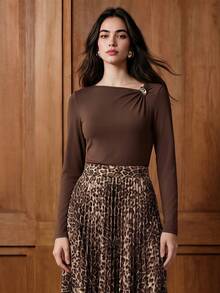 Lost Ink Coffee Brown Asymmetric Neck Gathered Long Sleeve Fitted Top With Gold Tone Ring Detail - Coffee Brown - View 5
