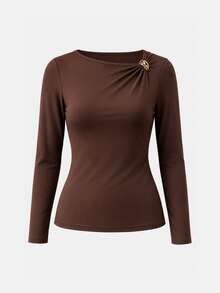 Lost Ink Coffee Brown Asymmetric Neck Gathered Long Sleeve Fitted Top With Gold Tone Ring Detail - Coffee Brown - View 7