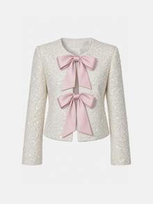 Lost Ink White Textured Sequin Round Neck Long Sleeve Cropped Party Jacket With Pink Double Bow Front - White - View 8