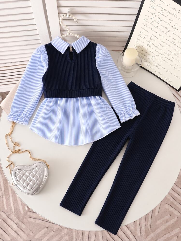 SHEIN Bộ 2 món cho bé gái trẻ trung: áo sơ mi dệt họa tiết sọc giả hai lớp phối miếng đắp 3D hình anh đào tay dài và quần dài dệt kim gân, trang phục dễ thương phong cách thường ngày cho mùa thu đông - Màu xanh hải quân - Xem 2