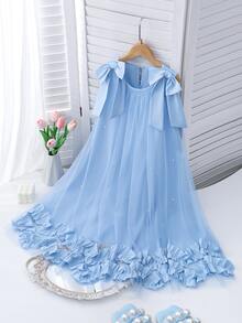 SHEIN Tween Girls Girls Elegant Fashion Ruffle Floral Pearl Embellished Mesh Mini Dress, Graduation, Vacation, Outfit - Blue - View 6