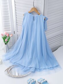 SHEIN Tween Girls Girls Elegant Fashion Ruffle Floral Pearl Embellished Mesh Mini Dress, Graduation, Vacation, Outfit - Blue - View 2