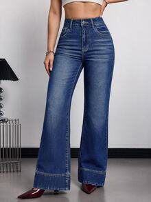 SHEIN Tall Women's High Waist Flared Casual Jeans Winter Halloween Christmas Party Fleece Fuzzy - Blue - View 5