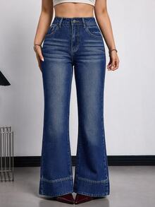 SHEIN Tall Women's High Waist Flared Casual Jeans Winter Halloween Christmas Party Fleece Fuzzy - Blue - View 7