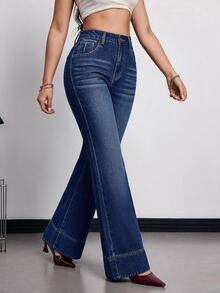 SHEIN Tall Women's High Waist Flared Casual Jeans Winter Halloween Christmas Party Fleece Fuzzy - Blue - View 6