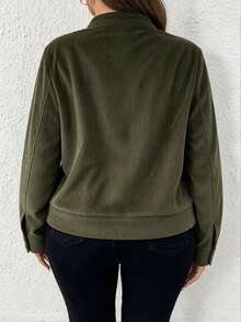 SHEIN Tall Vintage Baggy Smart Casual Small Stand Collar Utility Pocket Zipper Long Sleeve Plus Size Jacket Fall Office Club Formal Olive Green Veste - Army Green - View 2