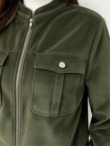 SHEIN Tall Vintage Baggy Smart Casual Small Stand Collar Utility Pocket Zipper Long Sleeve Plus Size Jacket Fall Office Club Formal Olive Green Veste - Army Green - View 7