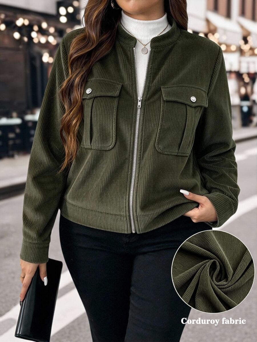 SHEIN Tall Vintage Baggy Smart Casual Small Stand Collar Utility Pocket Zipper Long Sleeve Plus Size Jacket Fall Office Club Formal Olive Green Veste - Army Green - View 1