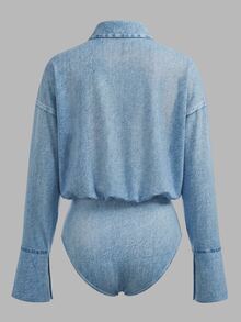 TaskSense Women's Casual Sexy Daily Night Out Club Commute Versatile Denim Effect Print Shirt Bodysuit Light Blue Autumn - Blue - View 2