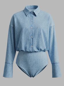 TaskSense Women's Casual Sexy Daily Night Out Club Commute Versatile Denim Effect Print Shirt Bodysuit Light Blue Autumn - Blue - View 5