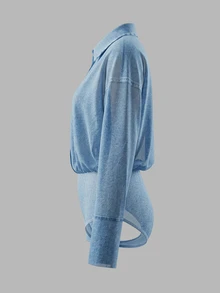 TaskSense Women's Casual Sexy Daily Night Out Club Commute Versatile Denim Effect Print Shirt Bodysuit Light Blue Autumn - Blue - View 4
