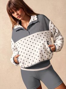 VARSIVA Color-Blocked Polka Dot Single-Breasted Pullover Jacket Features Dual Side Pockets Fall Outfits, Warm, Sporty, Casual  Fleece Jacket Going Out Top - Grey - View 2