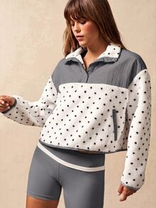 VARSIVA Color-Blocked Polka Dot Single-Breasted Pullover Jacket Features Dual Side Pockets Fall Outfits, Warm, Sporty, Casual  Fleece Jacket Going Out Top - Grey - View 6