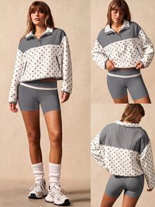 VARSIVA Color-Blocked Polka Dot Single-Breasted Pullover Jacket Features Dual Side Pockets Fall Outfits, Warm, Sporty, Casual  Fleece Jacket Going Out Top - Grey - View 8