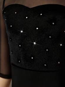 SHEIN Tween Girls Leotard, Elastic Knit Bottom + Velvet Body + Rhinestones, Black Mesh Sleeve Ballet Bodysuit, Suitable For Ballet Training, School, Campus Exercise, Training, Competition, Daily Wear. Fashionable Elastic Mesh Long Sleeve Design, Comfortable Elastic Dance Sportswear - Black and White - View 5