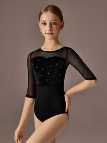 SHEIN Tween Girls Leotard, Elastic Knit Bottom + Velvet Body + Rhinestones, Black Mesh Sleeve Ballet Bodysuit, Suitable For Ballet Training, School, Campus Exercise, Training, Competition, Daily Wear. Fashionable Elastic Mesh Long Sleeve Design, Comfortable Elastic Dance Sportswear - Black and White - View 3