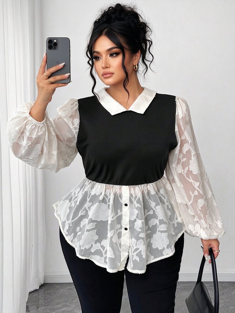 Elenzga Plus Size Women's Chiffon Cutout Classic Black & White Contrast Color 2 In 1 French Retro Puff Sleeve Blouse Fall - Multicolor - View 1