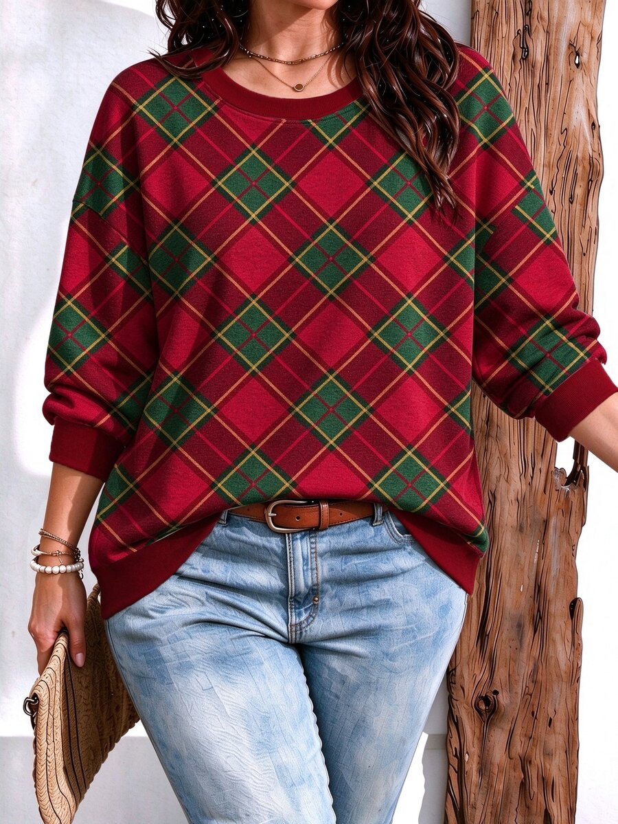 SHEIN LUNE 大尺碼女款圓領聖誕衛衣-休閒百搭 - 白色 - 查看 1