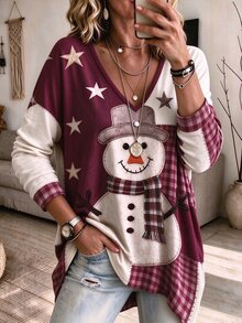 SHEIN LUNE Christmas Plus-Size Women's Christmas Snowman Pattern Print V-Neck Top, Long-Sleeved Loose-Fitting P Fall - Multicolor - View 3