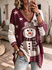 SHEIN LUNE Christmas Plus-Size Women's Christmas Snowman Pattern Print V-Neck Top, Long-Sleeved Loose-Fitting P Fall - Multicolor - View 1