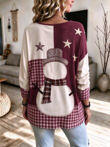 SHEIN LUNE Christmas Plus-Size Women's Christmas Snowman Pattern Print V-Neck Top, Long-Sleeved Loose-Fitting P Fall - Multicolor - View 2