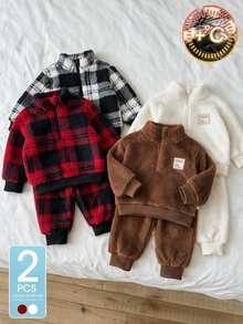 SHEIN 4件組幼童男孩運動休閒套裝，可愛學院風棕色與白色毛絨拼接，長袖立領加厚冬季戶外運動裝，拉鍊式羊羔絨 - 棕色 - 查看 3