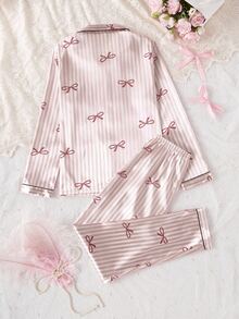 SHEIN 2件組青少年女孩優雅格紋緞面睡衣套裝 秋冬仙女亮片家族款 蝴蝶結印花長袖上衣與條紋長褲居家服 - 粉色 - 查看 2