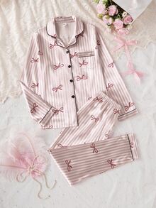 SHEIN 2件組青少年女孩優雅格紋緞面睡衣套裝 秋冬仙女亮片家族款 蝴蝶結印花長袖上衣與條紋長褲居家服 - 粉色 - 查看 8